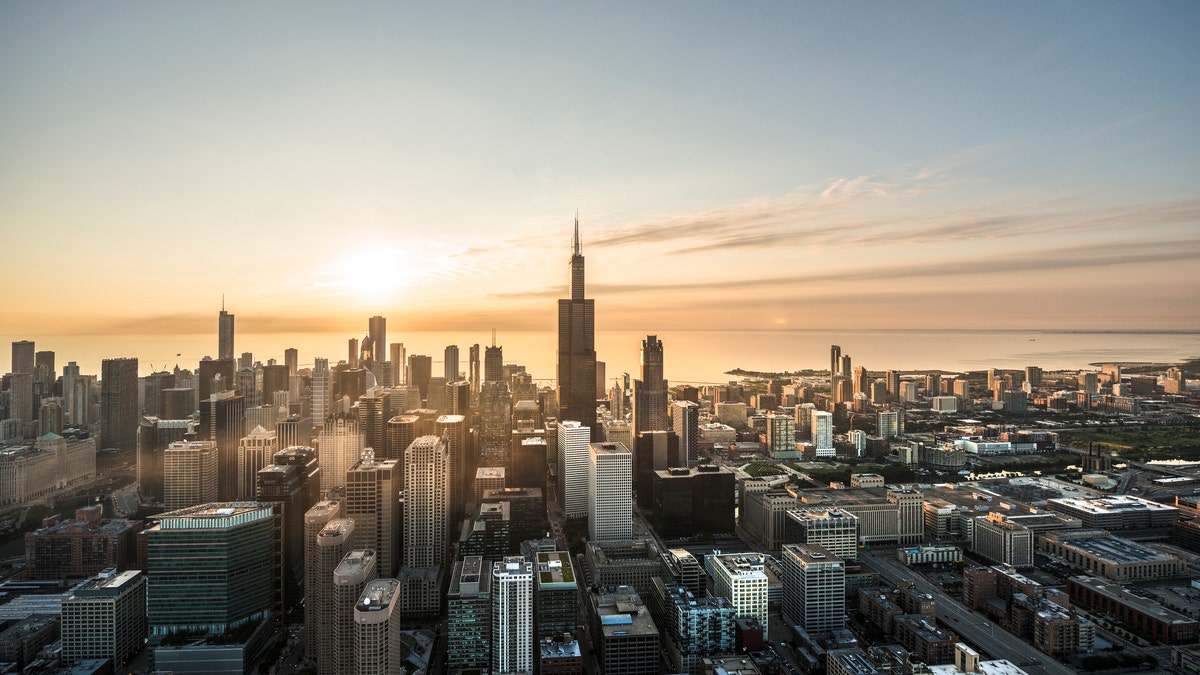 Aerial shot of Chicago waterfront at sunrise
