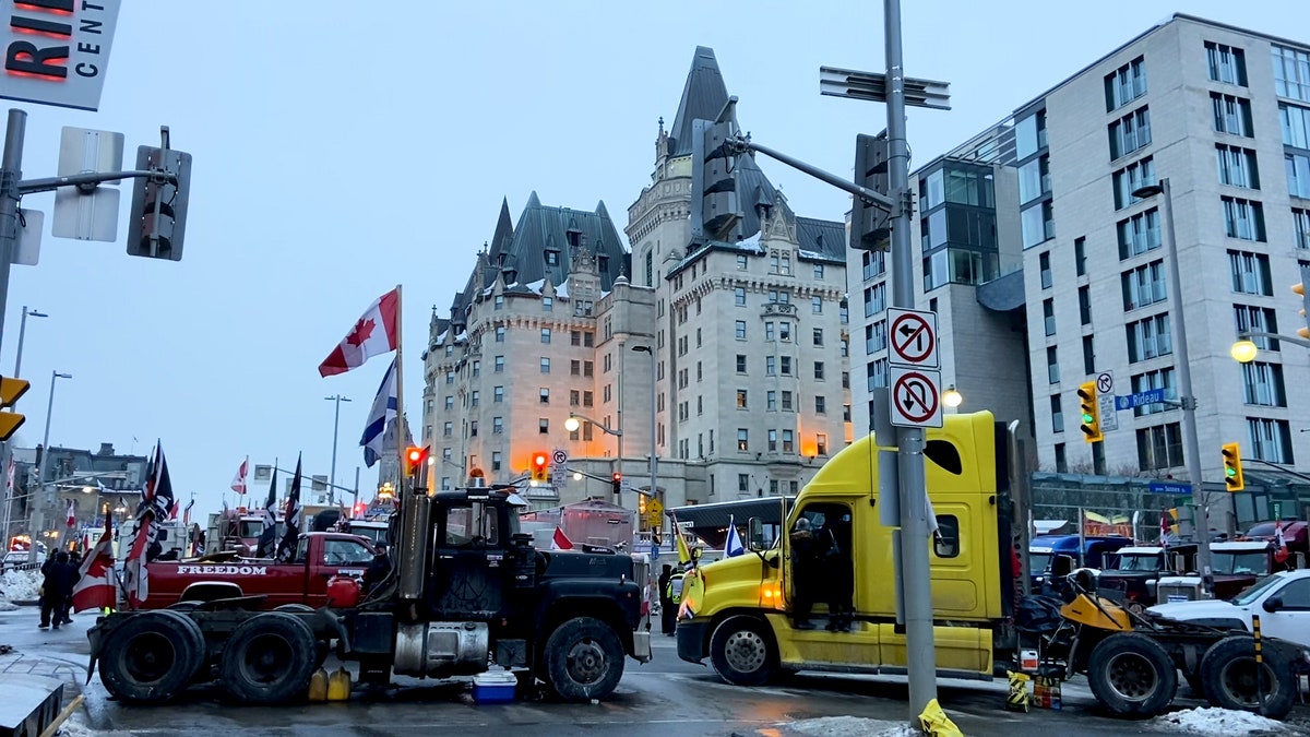 Trucks block off roads in downtown Ottawa.