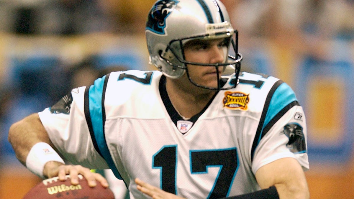 Jake Delhomme of the Carolina Panthers warms up during pregame warm-ups prior to playing the New England Patriots in Super Bowl XXXVIII at Reliant Stadium on Feb. 1, 2004, in Houston, Texas.