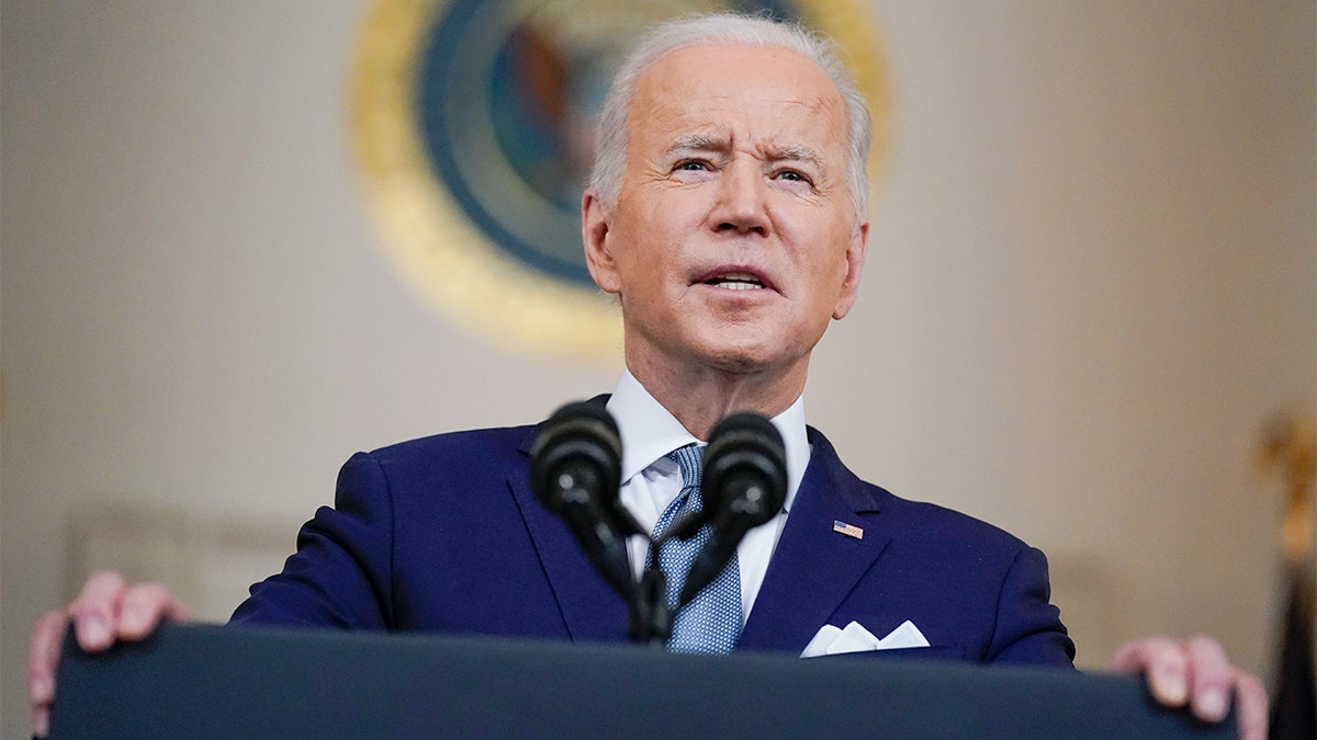 FILE - President Biden speaks as he announces Judge Ketanji Brown Jackson as his nominee to the Supreme Court in the Cross Hall of the White House, Feb. 25, 2022, in Washington. (AP Photo/Carolyn Kaster, File)