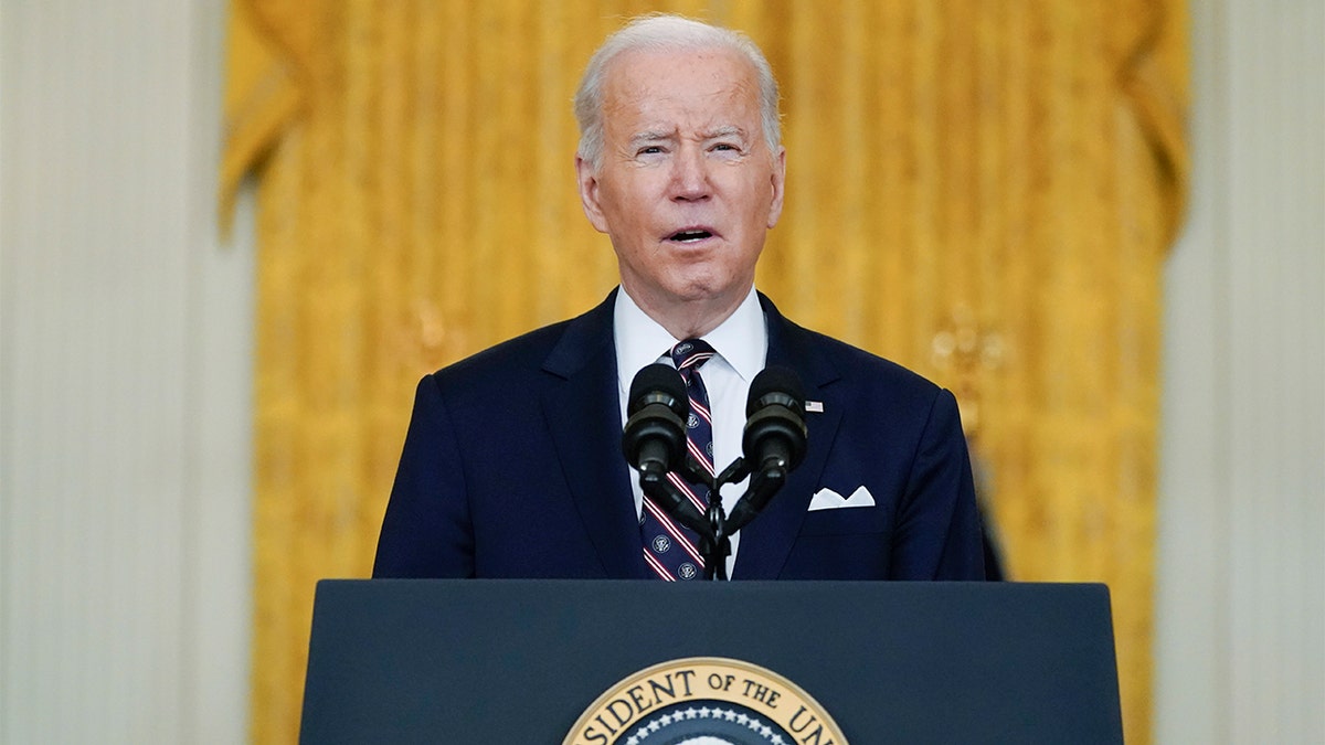President Biden speaks about Ukraine in the East Room of the White House, Tuesday, Feb. 22, 2022, in Washington.