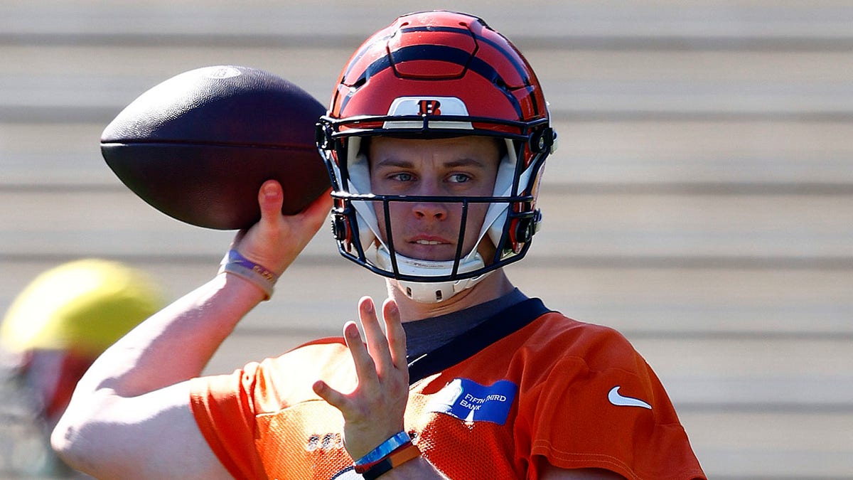Joe Burrow of the Cincinnati Bengals throws during practice in preparation for Super Bowl LVI at UCLA's Drake Stadium on Feb. 10, 2022 in Los Angeles, California.