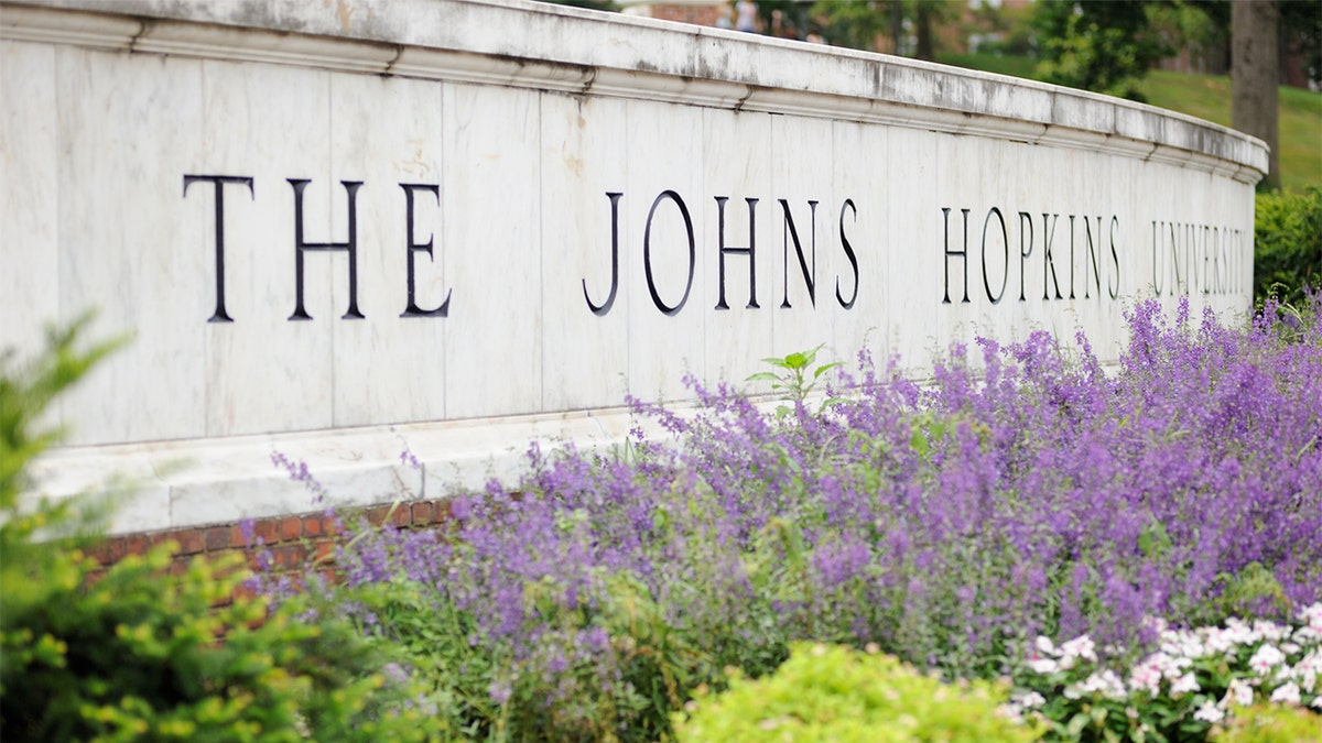Close-up of sign for The Johns Hopkins University in Baltimore, Maryland. 
