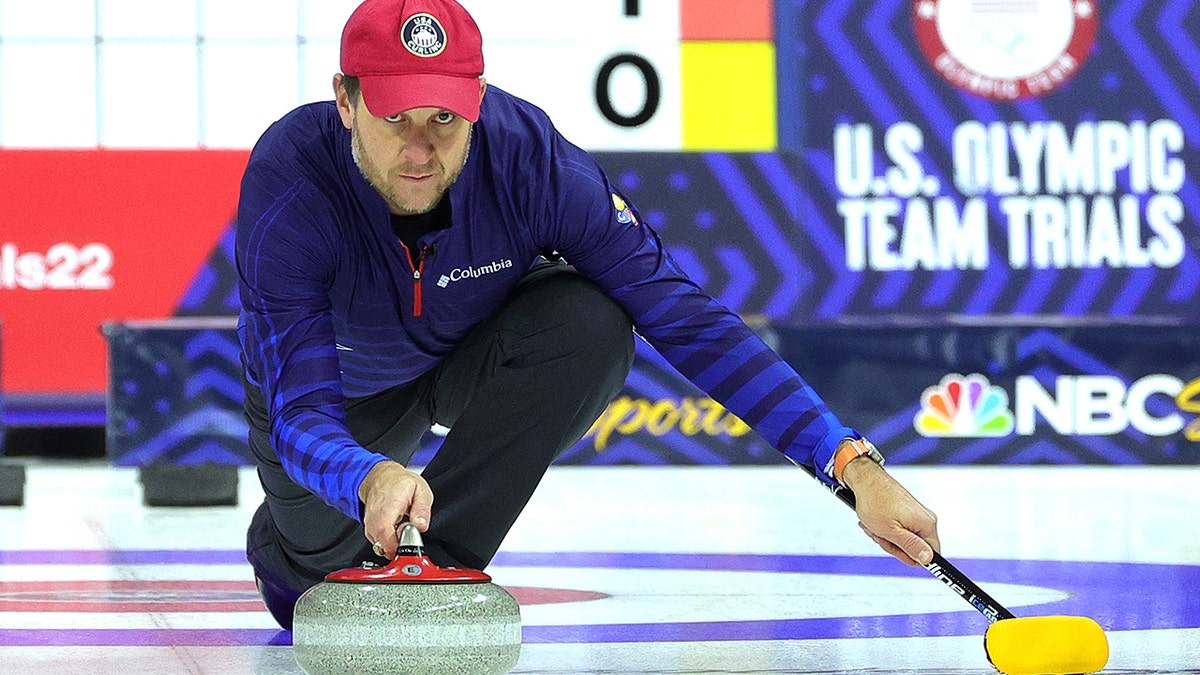 John Shuster of the United States delivers a stone during Game 3 of the US Olympic Team Trials at Baxter Arena on Nov. 21, 2021 in Omaha, Nebraska.