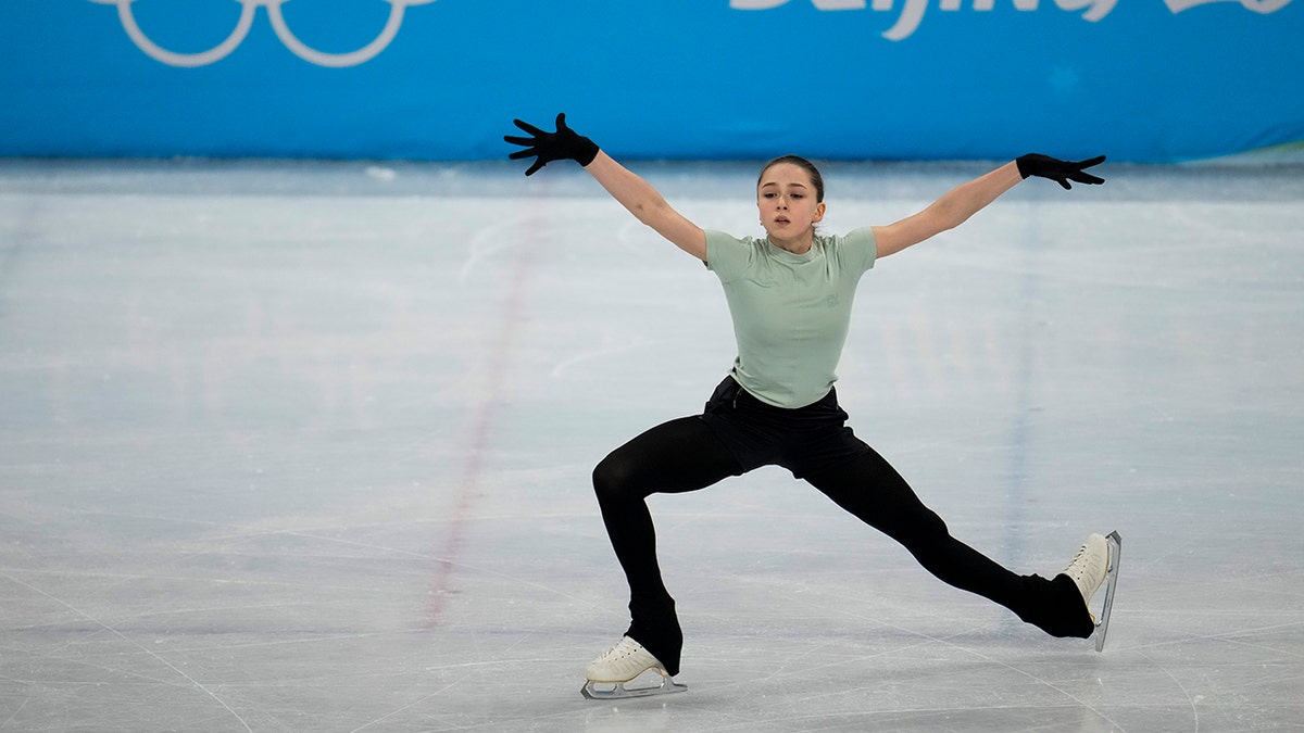 Kamila Valieva, of the Russian Olympic Committee, trains at the 2022 Winter Olympics, Wednesday, Feb. 16, 2022, in Beijing.