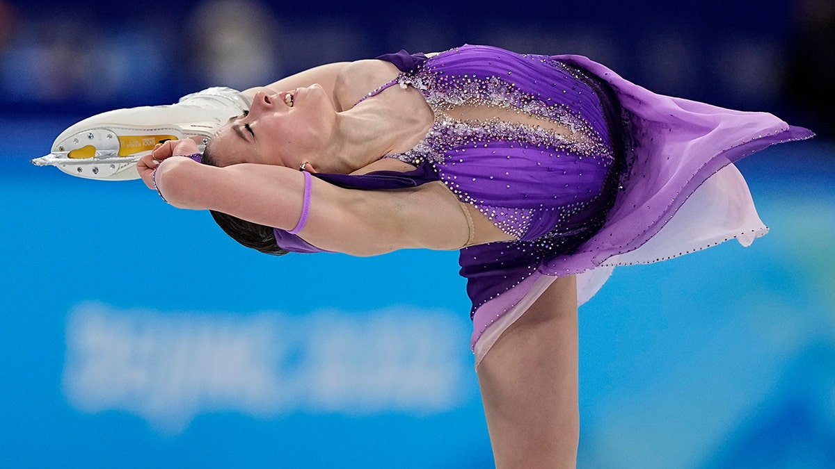 Kamila Valieva, of the Russian Olympic Committee, competes in the women's short program during the figure skating at the 2022 Winter Olympics, Tuesday, Feb. 15, 2022, in Beijing.