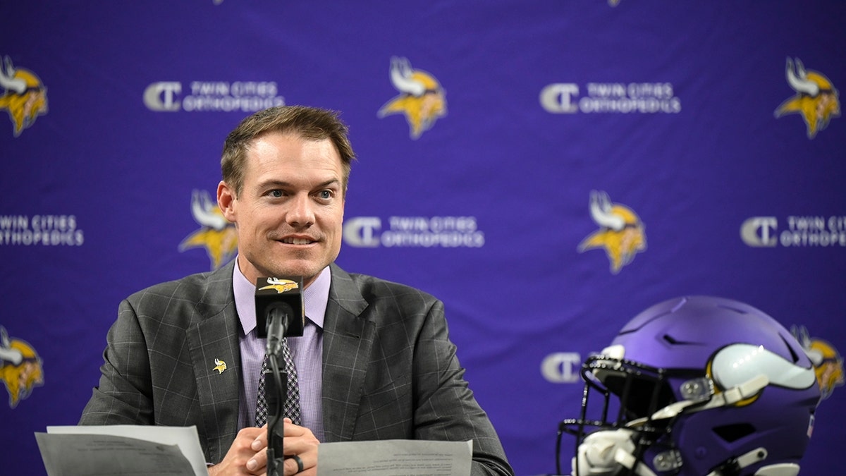 Minnesota Vikings coach Kevin O'Connell speaks to reporters during a news conference Thursday, Feb. 17, 2022, in Eagan, Minn.