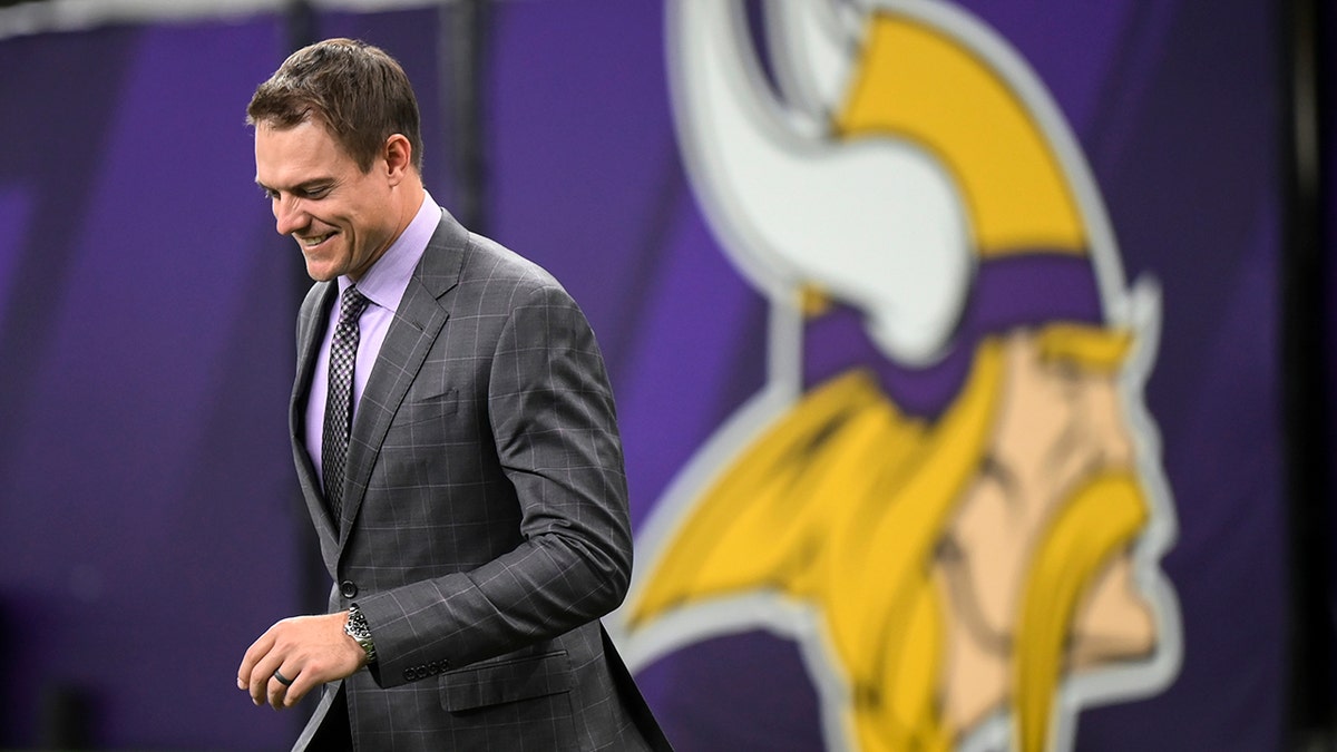 Minnesota Vikings NFL football coach Kevin O'Connell arrives at his introductory news conference Thursday, Feb. 17, in Eagan, Minn.