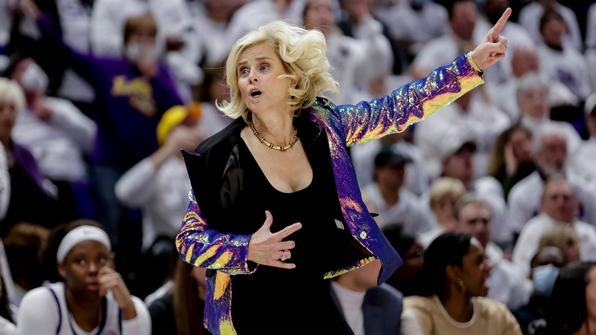 FILE - LSU head coach Kim Mulkey reacts to a play in the second half of an NCAA college basketball game against South Carolina in Baton Rouge, La., Thursday, Jan. 6, 2022. 