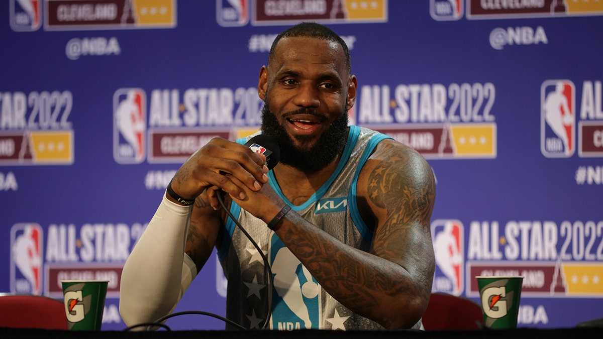 LeBron James #6 of Team LeBron talks to the media after the 71st NBA All-Star Game on Sunday, February 20, 2022 at Rocket Mortgage FieldHouse in Cleveland, Ohio.