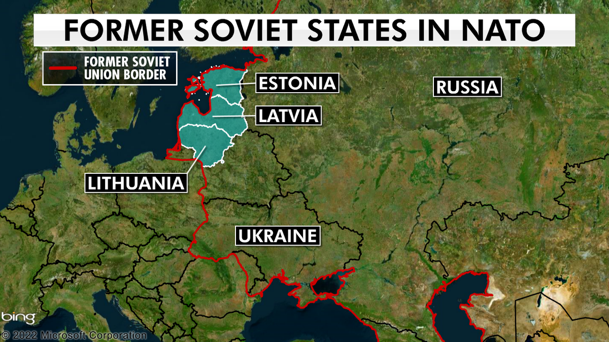 Map shows the boundaries of the former Soviet Union, with NATO "Baltic" states highlighted
