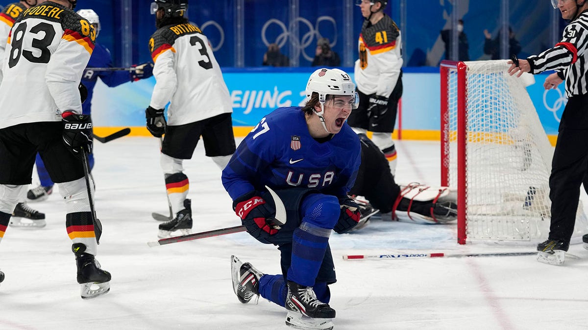 United States' Matt Knies celebrates a goal during a preliminary round men's hockey game against Germany at the 2022 Winter Olympics, Sunday, Feb. 13, 2022, in Beijing.