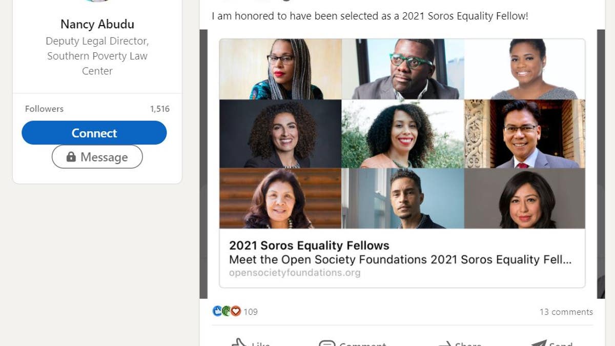 LinkedIn screenshot of Nancy Abudu "liking" an announcement about Soros Equality Fellows.