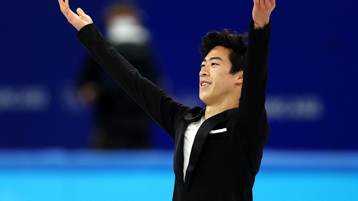 Nathan Chen of Team United States reacts in the Men's Single Skating Short Program Team Event during the Beijing 2022 Winter Olympic Games at Capital Indoor Stadium on February 04, 2022 in Beijing, China. (Photo by Elsa/Getty Images)