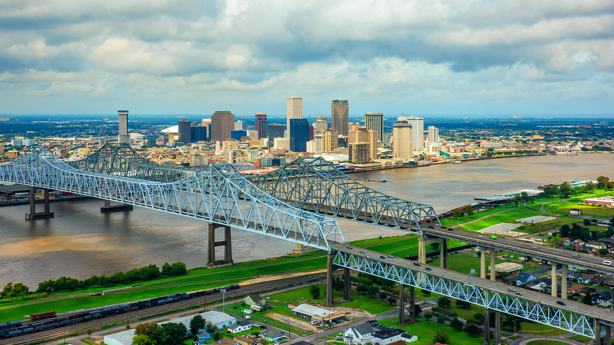 The city skyline of New Orleans, Louisiana, and surrounding metropolitan area along the banks of the Mississippi River shot from an altitude of about 1000 feet during a helicopter photo flight.