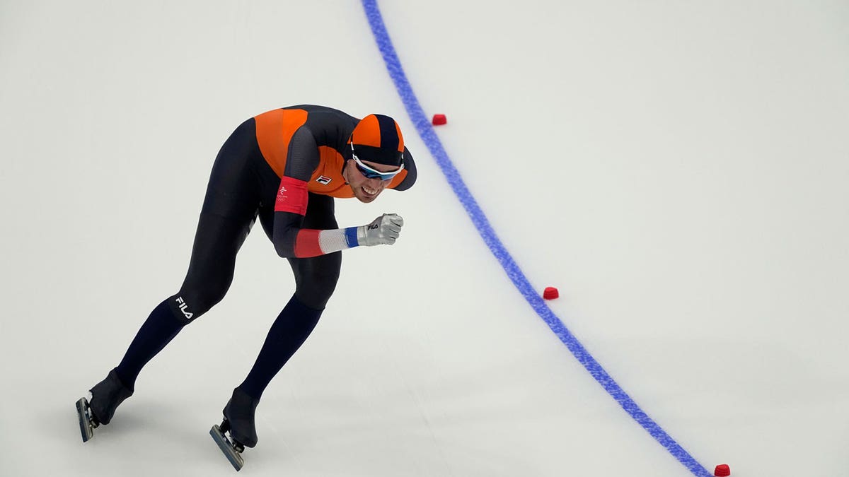 Patrick Roest of the Netherlands competes in the men's speedskating 10,000-meter race at the 2022 Winter Olympics, Friday, Feb. 11, 2022, in Beijing. 