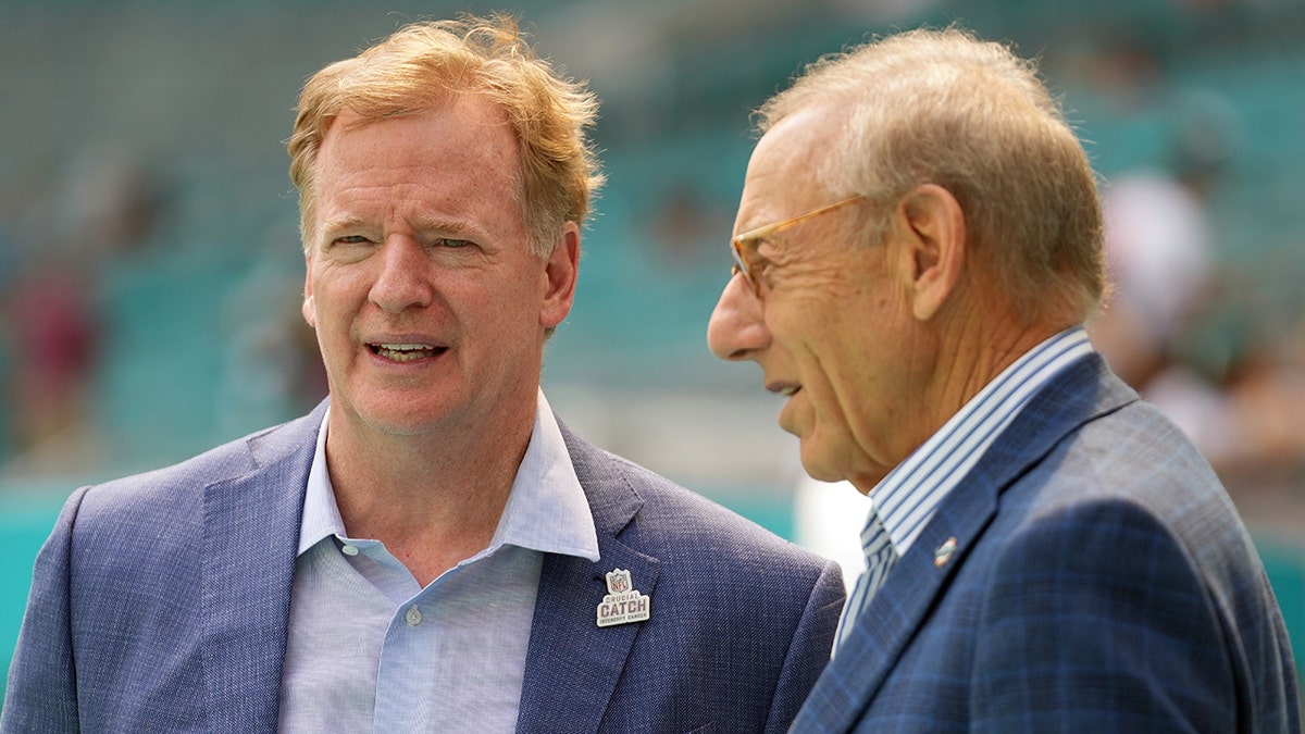 NFL Commissioner Roger Goodell speaks with Miami Dolphins owner Stephen Ross before the game against the Indianapolis Colts and the Miami Dolphins at Hard Rock Stadium on Oct. 3, 2021 in Miami Gardens, Florida.