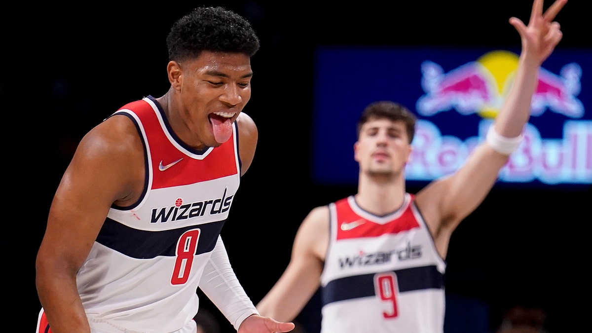 Washington Wizards forward Rui Hachimura (8) reacts after scoring three points in the second half of an NBA basketball game against the Brooklyn Nets, Thursday, Feb. 17, 2022, in New York.