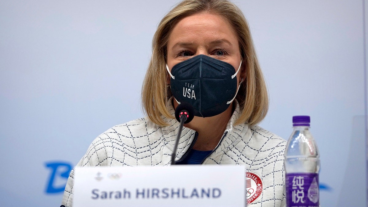 United States Olympic and Paralympic Committee CEO Sarah Hirshland speaks during a press conference at the 2022 Winter Olympics, Feb. 4, 2022, in Beijing.