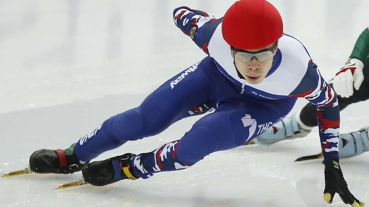 Russia's Semyon Yelistratov competes in Heat 3 of the men's 1000m quarterfinals at the 2016 ISU European Short Track Speed Skating Championships, at Iceberg (Aisberg) Skating Palace.