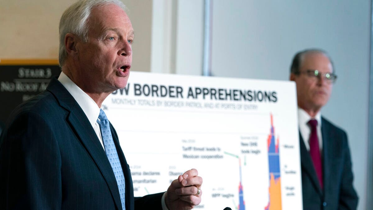 Sen. Ron Johnson, R-Wis., with Sen. Mike Braun, R-Ind., speaks to reporters about the southern border of the U.S., Wednesday, Feb. 2, 2022, on Capitol Hill in Washington. 