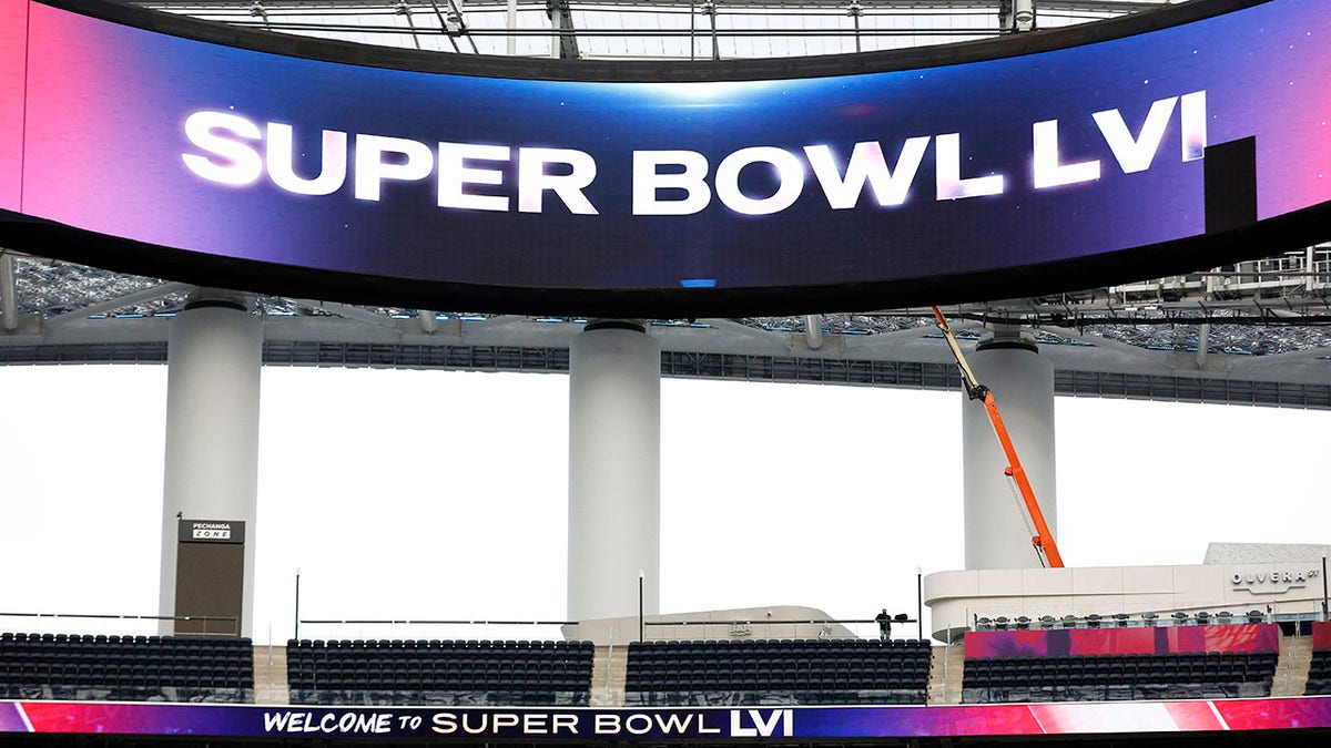 A view of SoFi Stadium as workers prepare for Super Bowl LVI on Feb. 1, 2022, in Inglewood, California.
