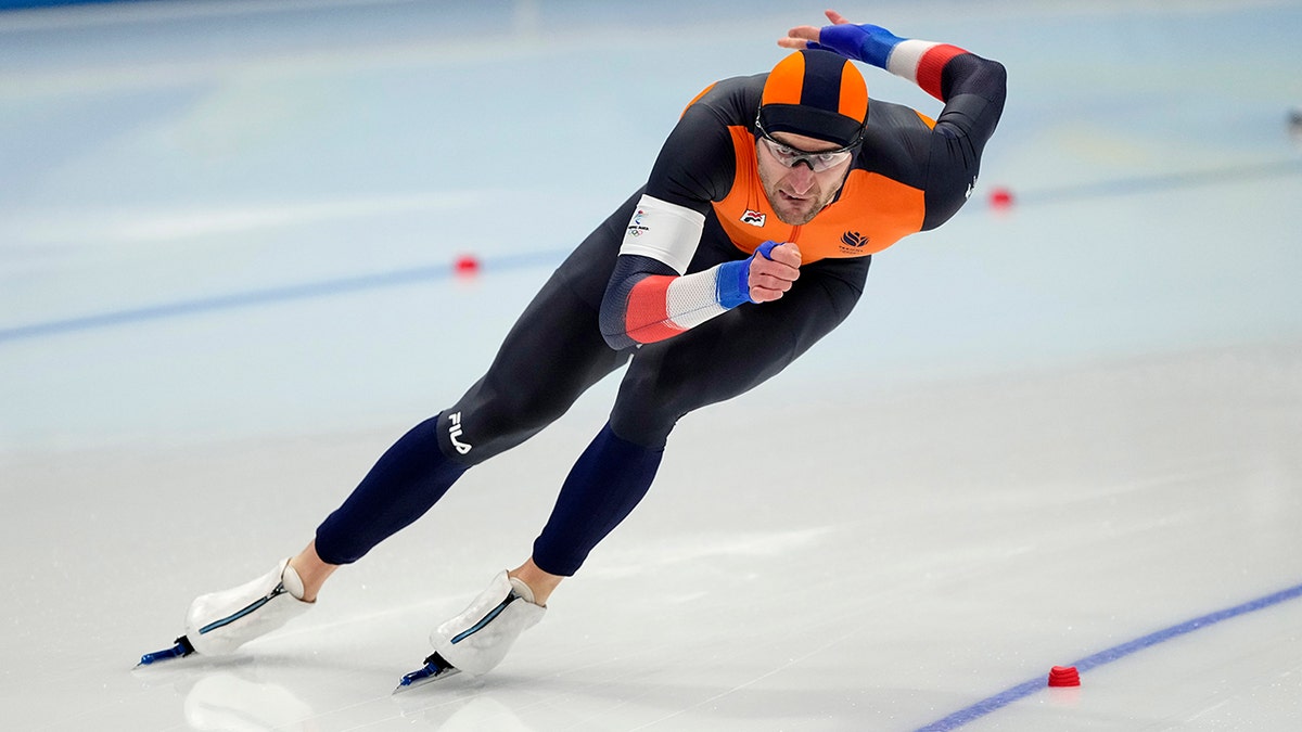 Thomas Krol of the Netherlands competes during the men's speedskating 1,000-meter finals at the 2022 Winter Olympics, Friday, Feb. 18, 2022, in Beijing. 