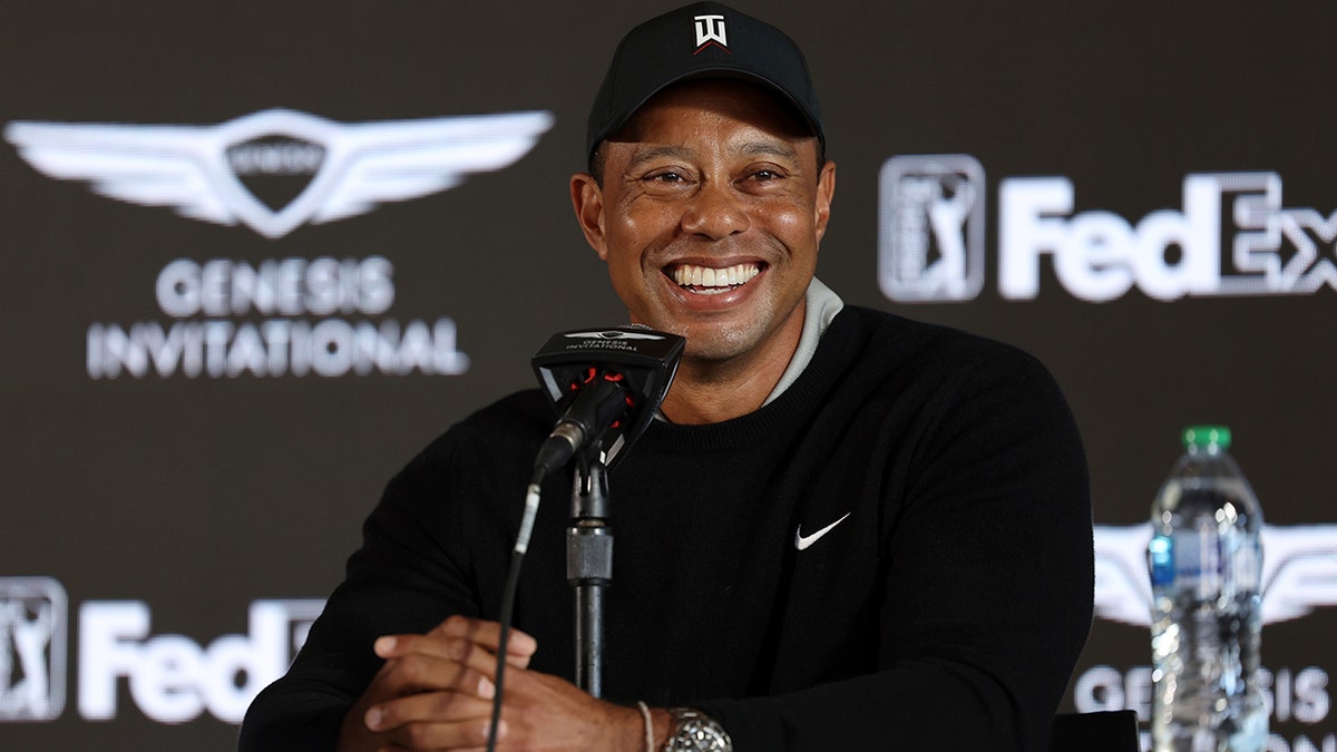 Tiger Woods speaks during a news conference for the Genesis Invitational golf tournament at Riviera Country Club, Wednesday, Feb. 16, 2022, in the Pacific Palisades area of Los Angeles.