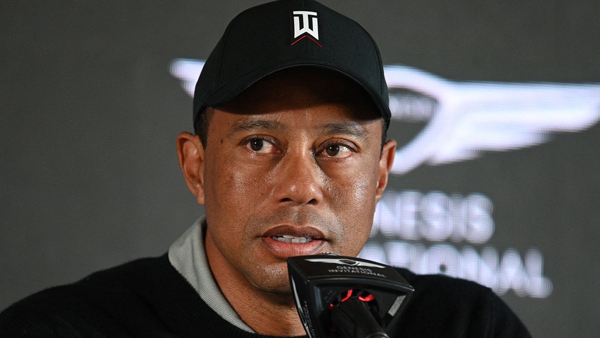 Genesis Invitational host Tiger Woods speaks at a press conference ahead of the PGA Tour golf tournament at the Riviera Country Club in Los Angeles, California, on Feb. 16, 2022.