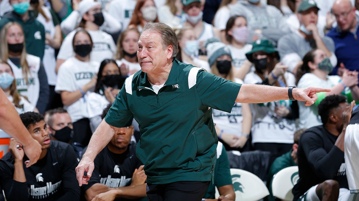 Michigan State coach Tom Izzo reacts during the second half of an NCAA college basketball game against Illinois, Saturday, Feb. 19, 2022, in East Lansing, Mich. Illinois won 79-74.