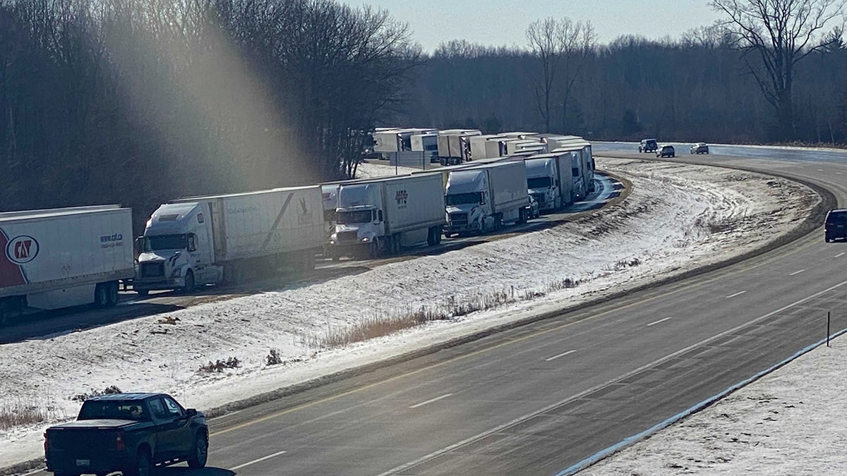 Traffic jammed nine miles from the border south of Port Huron, Michigan’s Blue Water Bridge due to trucker protests in Canada.