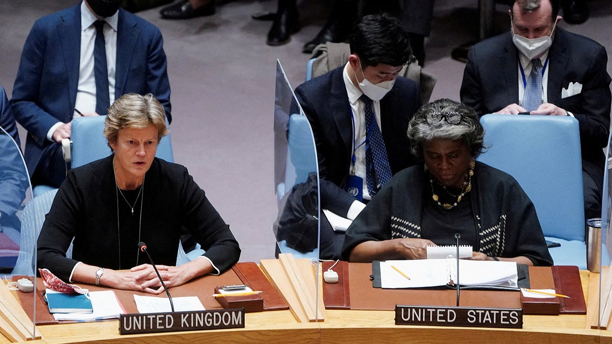 U.S. Ambassador to the UN Linda Thomas-Greenfield and British Ambassador to the UN Barbara Woodward attend the United Nations Security Council meeting to discuss the ongoing crisis in Ukraine with Russia, in New York City, U.S., February 23, 2022.