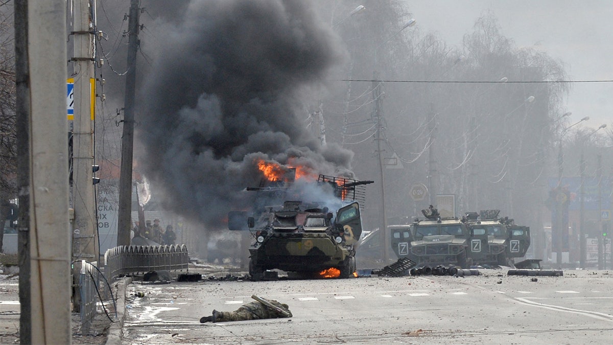 Russian armored vehicle burns in fight