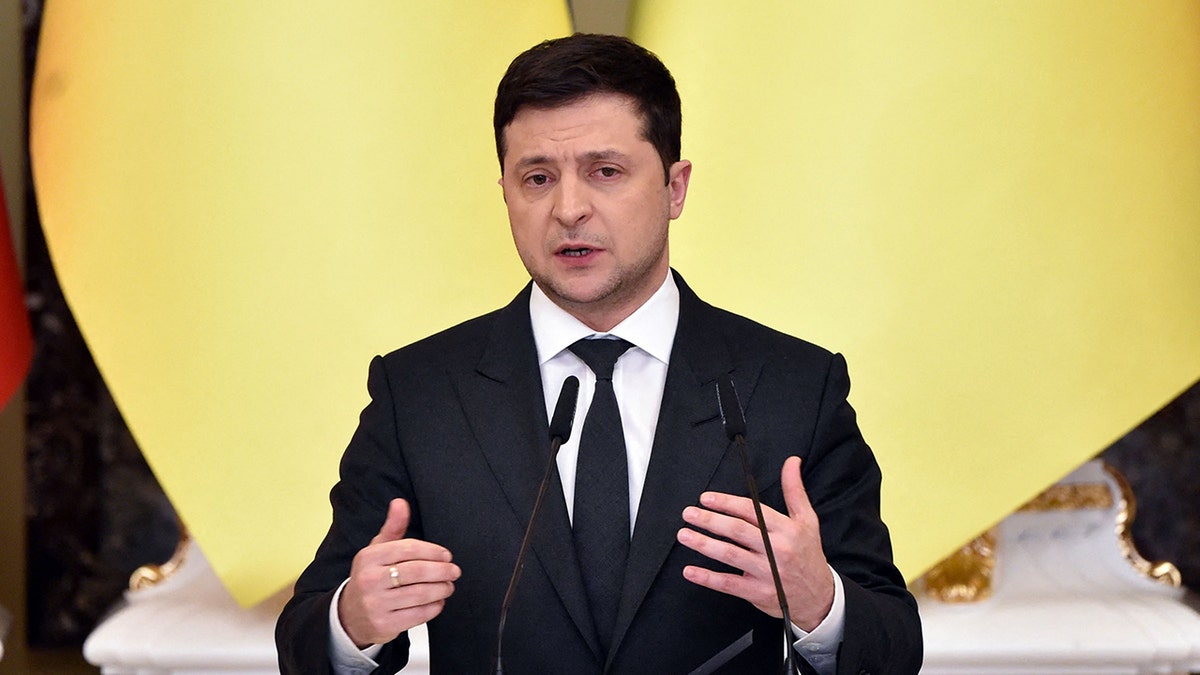 Ukrainian President Volodymyr Zelenskyy attends a joint press conference with his counterparts from Lithuania and Poland following their talks in Kyiv on Feb. 23, 2022. 