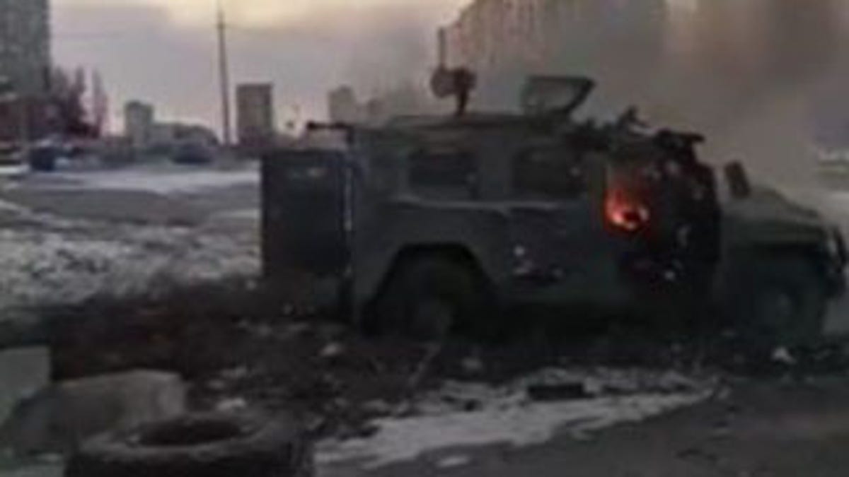 Ukrainian forces destroy Russian armored vehicle in Kharkiv, Ukraine, Feb. 27, 2022.