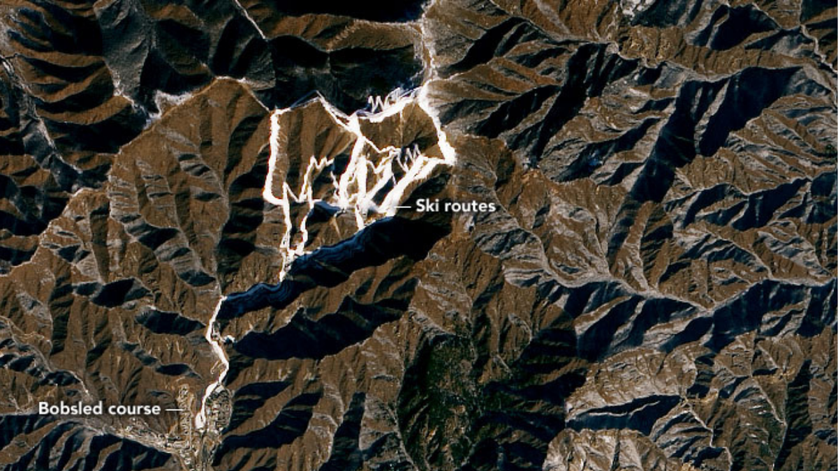 Satellite imagery of Xiaohaituo Mountain in Yanqing, China, where some Winter Olympic events are being held.