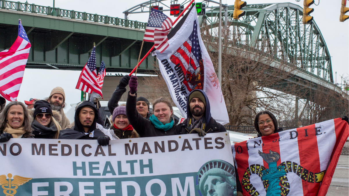 Protesters gather at the Buffalo Peace Bridge near the U.S and Canada border.