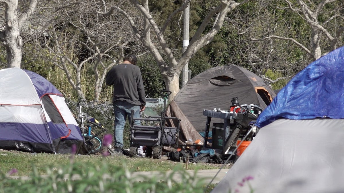 Homeless encampment outside Venice library in Venice, Ca.