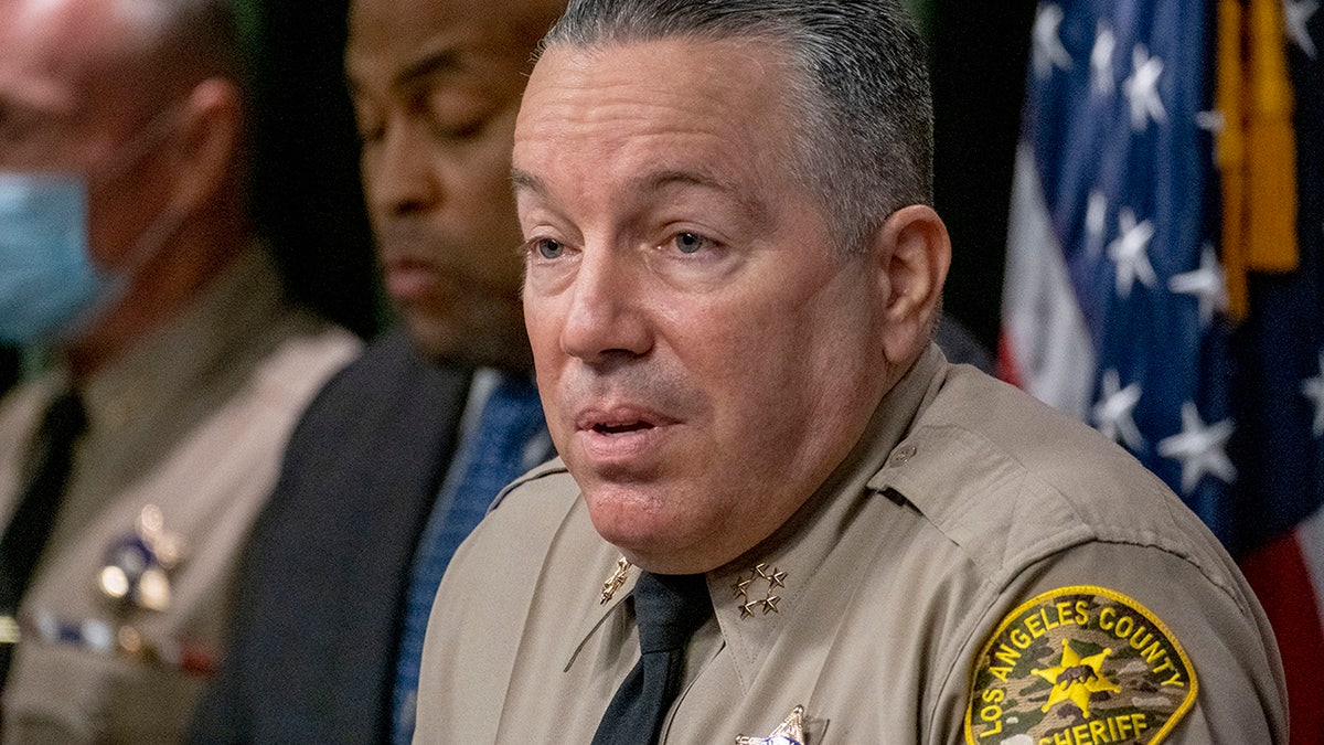  Los Angeles County Sheriff Alex Villanueva speaks during a news conference at the Hall of Justice in Los Angeles, Wednesday Nov 17, 2021. (Hans Gutknecht/MediaNews Group/Los Angeles Daily News via Getty Images)