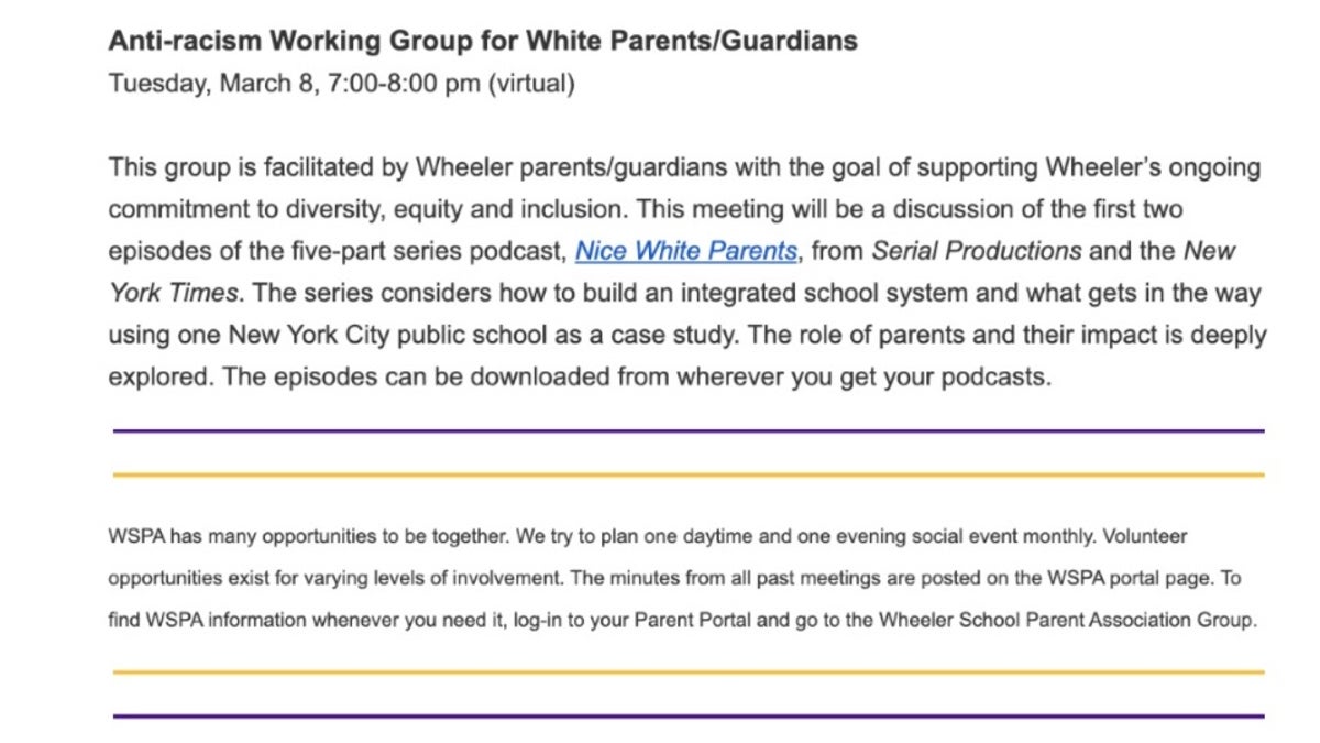An invitation for a "Working Group for White Parents/Guardians" at The Wheeler School. 