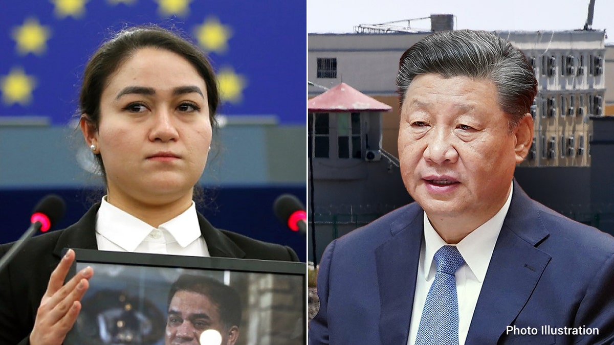 Jewher Ilham, daughter of Ilham Tohti, Uyghur economist and human rights activist, holds a portrait her father during the award ceremony for his 2019 European Parliament's Sakharov human rights prize at the European Parliament in Strasbourg, eastern France, on December 18, 2019. 