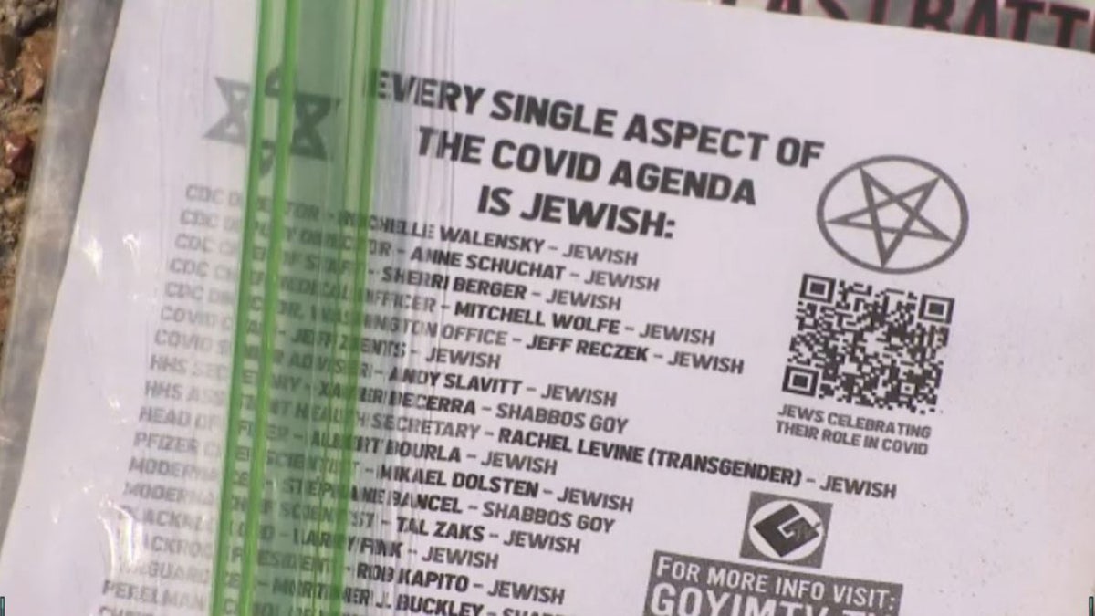One flyer left in a driveway in Colleyville, Texas, claimed "every single aspect of the COVID agenda is Jewish," FOX4 Dallas reported.