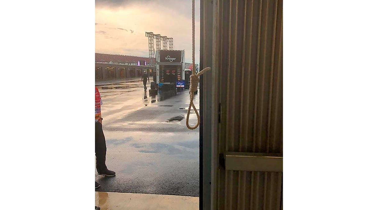 This photo provided by NASCAR shows the noose found in the garage stall of Black driver Bubba Wallace at Talladega Superspeedway in Talladega, Ala., on Sunday, June 21, 2020. "RACE: Bubba Wallace," is a Netflix docuseries that chronicles the only Black driver at NASCAR's top level and his professional rise and personal role in social justice issues. (NASCAR via AP)