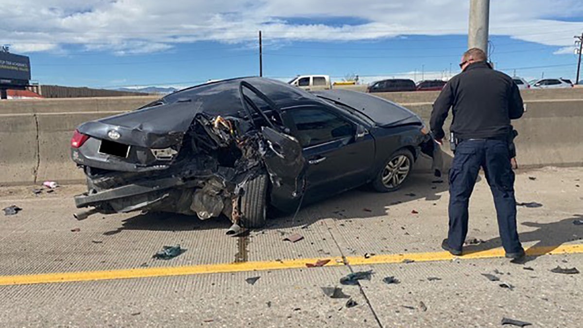 A Colorado trooper was nearly run over during a traffic stop on the interstate Tuesday when a car smashed into the vehicle that the officer pulled over for speeding.