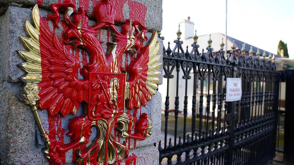 A view of the Embassy of Russia in Dublin where red paint was poured on the coat of arms of the Russian Federation following the Russian invasion of Ukraine on Thursday, February 24, 2022.
