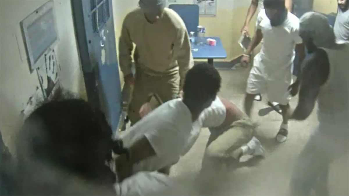 This screen grab shows a November 2021 assault on attempted murder suspect Darius Mungin at Rikers Island. After Mungin suffered several assaults at the jail, Manhattan District Attorney’s Office freed him on electronic monitoring. 