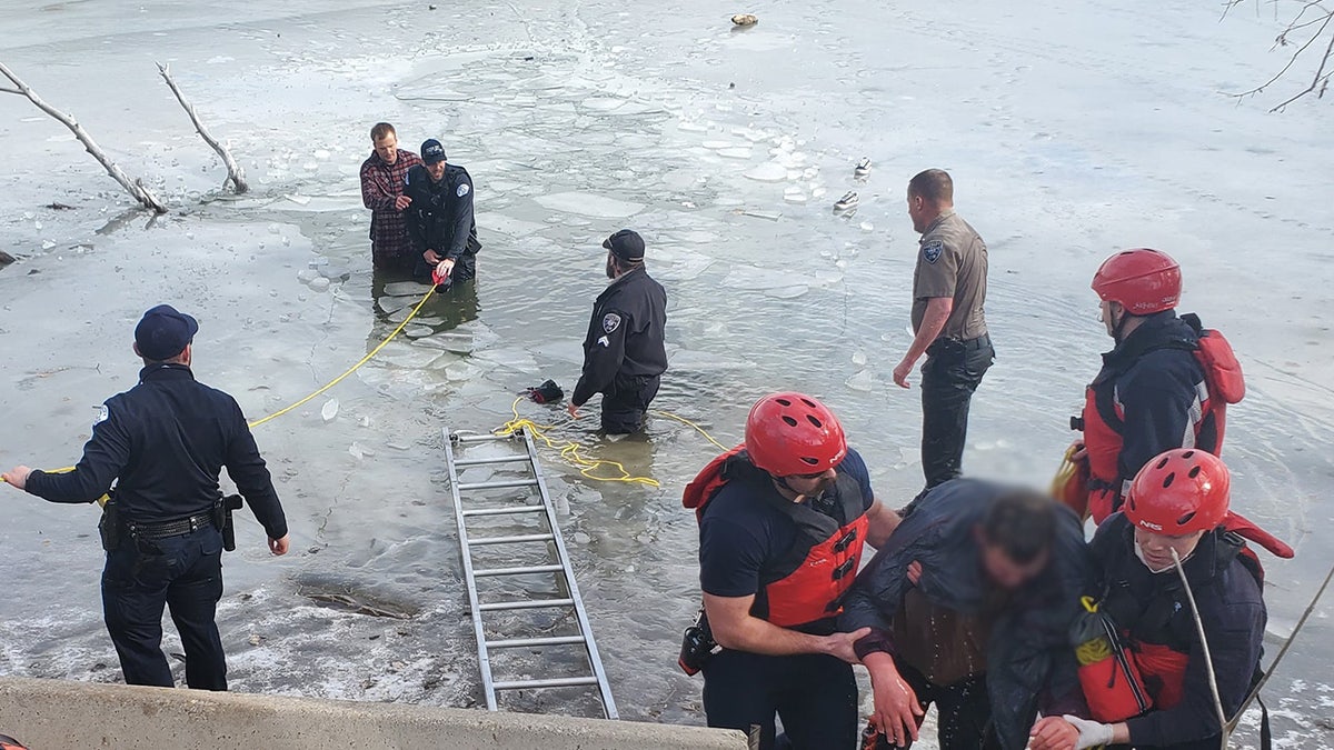 Utah police officers fell through an icy pond on Wednesday while racing to rescue a teen who was trapped in the freezing water, authorities said.