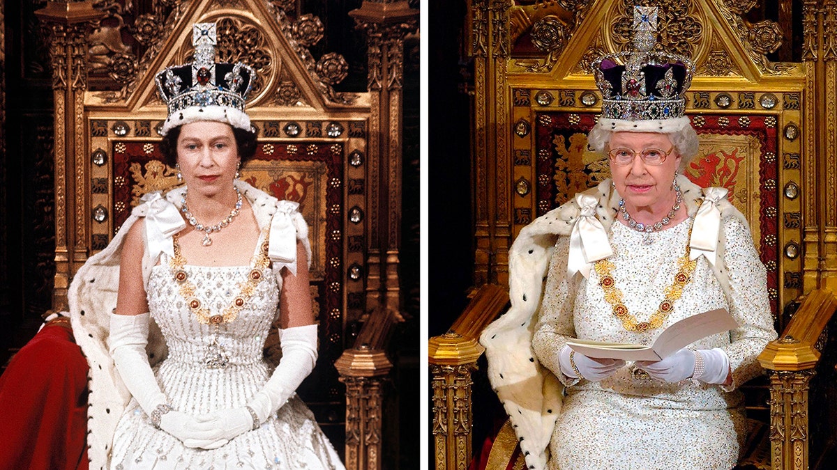 photo combo shows Britain's Queen Elizabeth II during the State Opening of Parliament, London, in April, 1966 on the left and Nov. 15, 2006