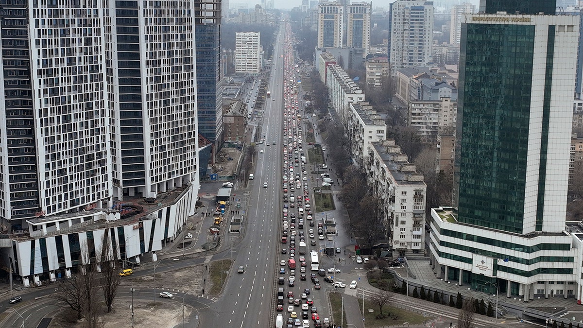 Traffic jams are seen as people leave the city of Kyiv, Ukraine, Thursday, Feb. 24, 2022.