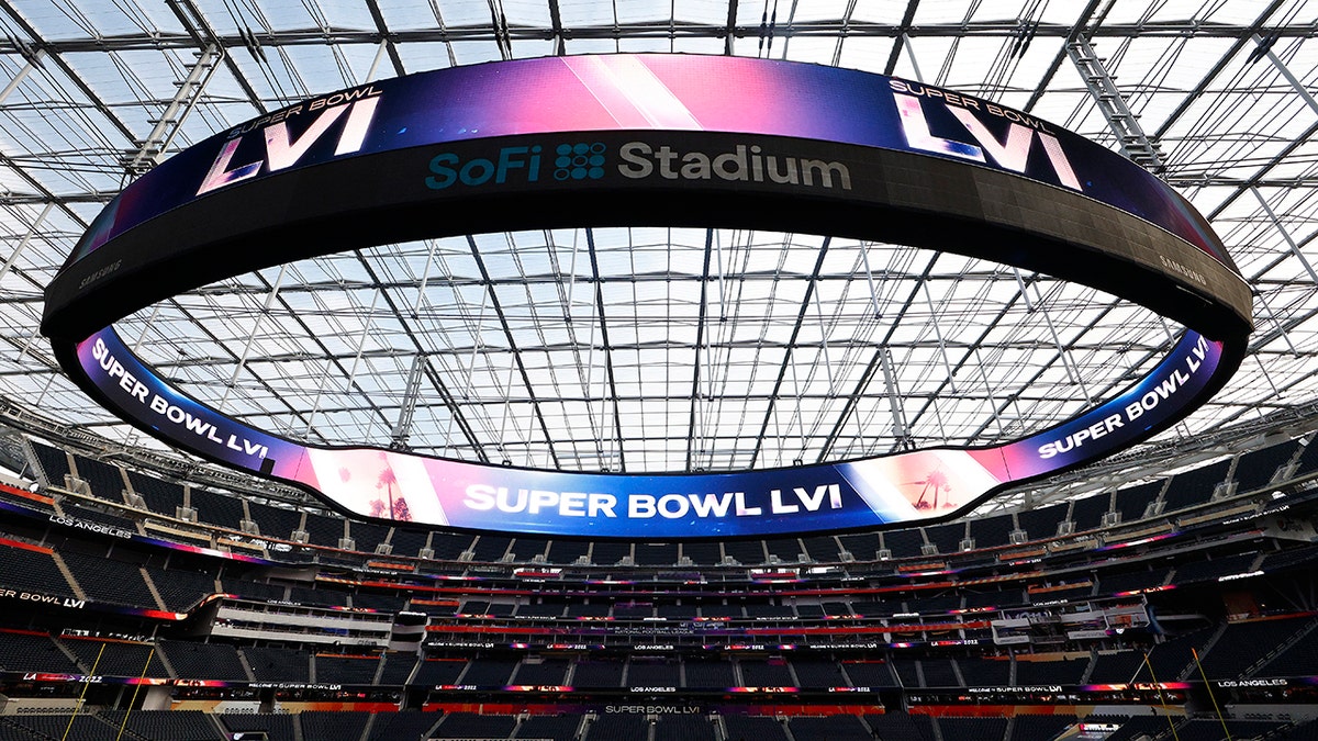 A view of SoFi Stadium as workers prepare for Super Bowl LVI on Feb. 1, 2022, in Inglewood, California. 